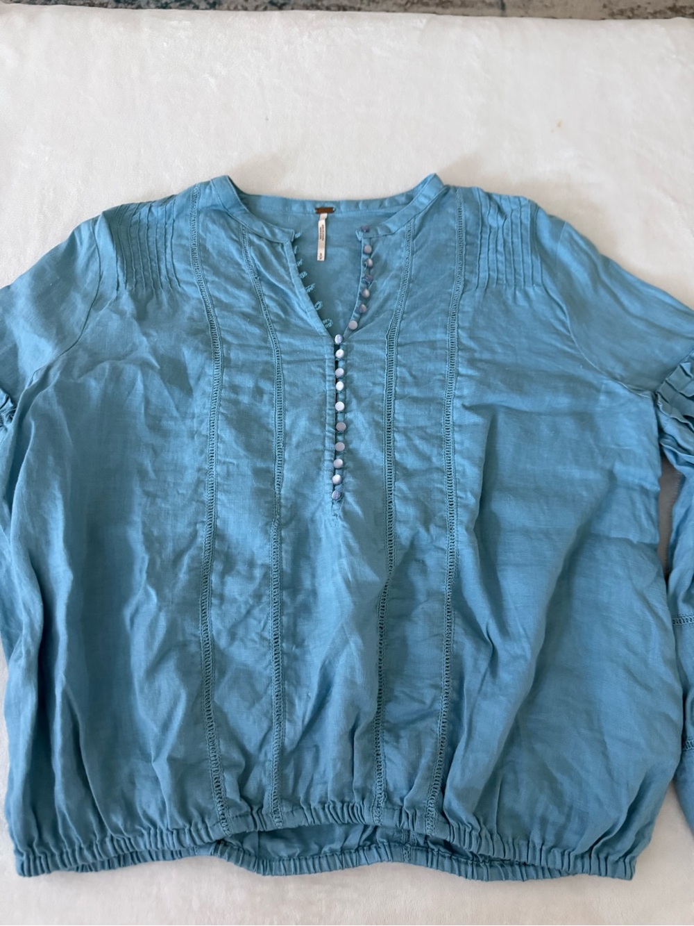 Free People Peasant Top Blouse Medium Blue Linen Cottagecore Small D78